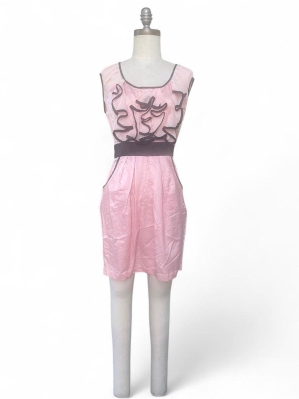 NWT Steve Madden Pink Cotton Silk Blend Ruffle Cocktail Dress Black Ribbon Trim
